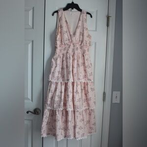 TCEC Pink Floral Tiered V-Neck Dress for Girls
